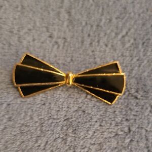 Art Deco Inspired Black Enamel and Goldtone Bow Brooch